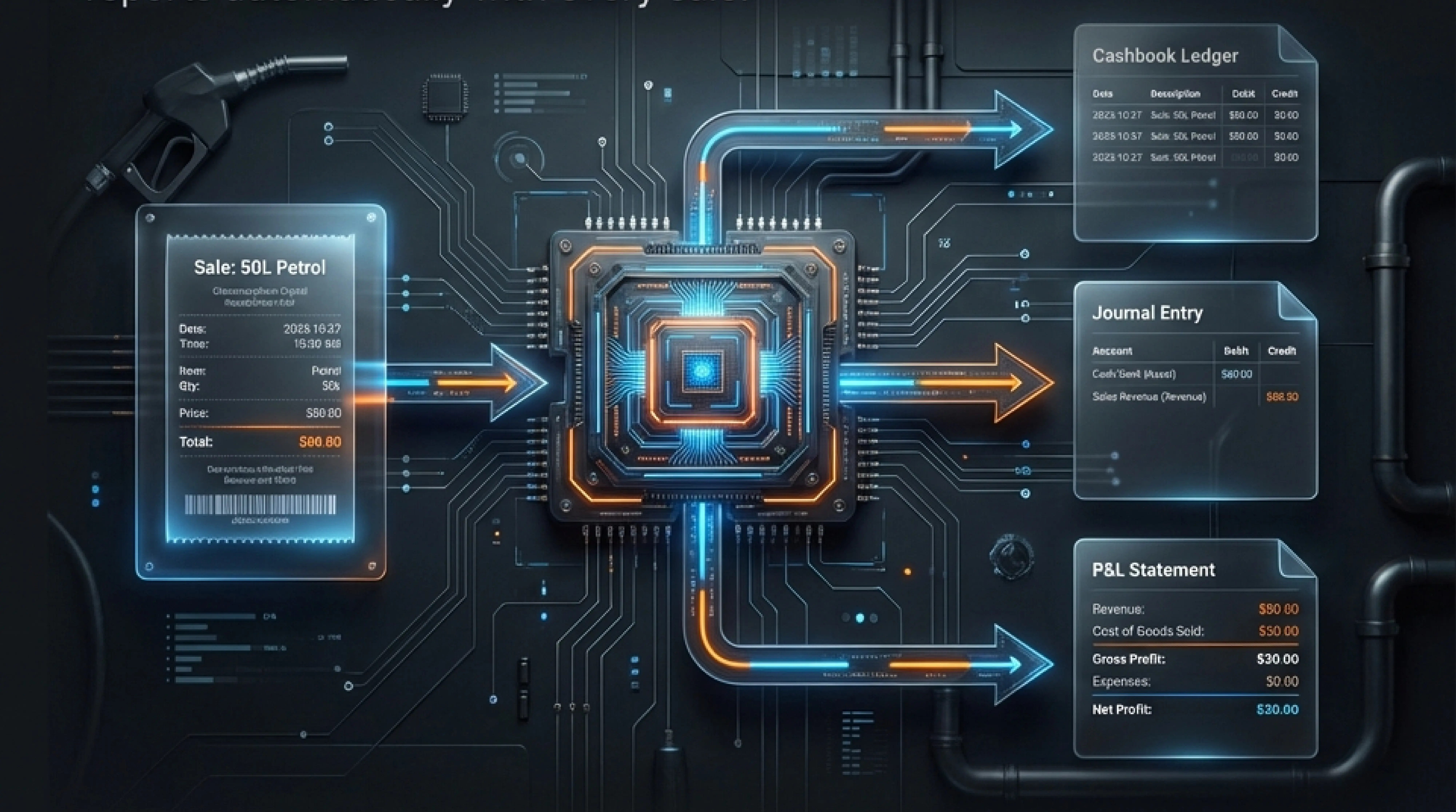 Gas station automated accounting flow chart from dispenser to balance sheet
